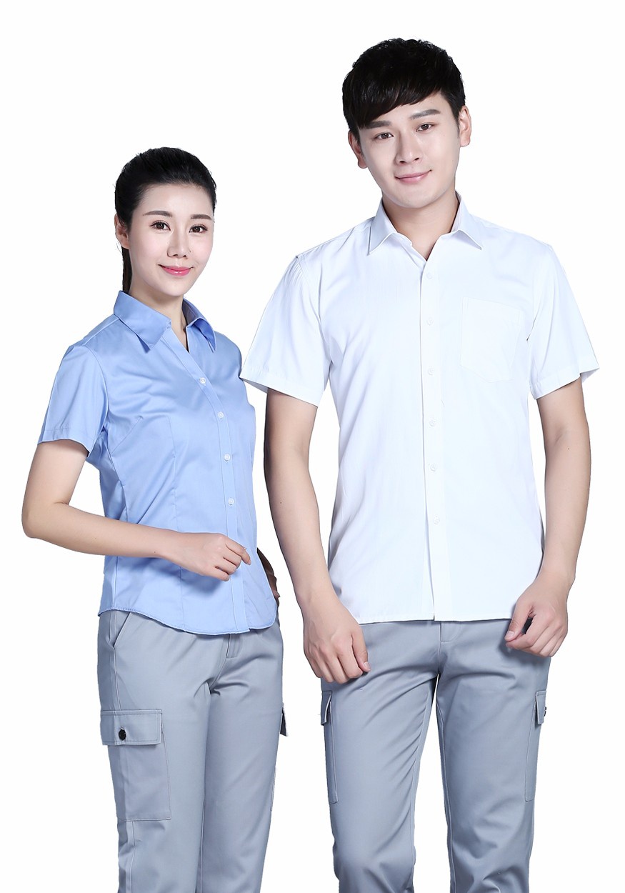 2019富联平台全棉蓝色V领短袖衬衫