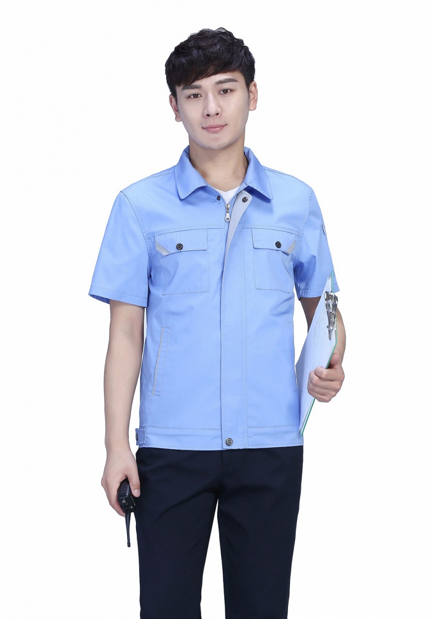 新款浅蓝+深裤防静电夏季涤棉 是细斜短袖工服FY630