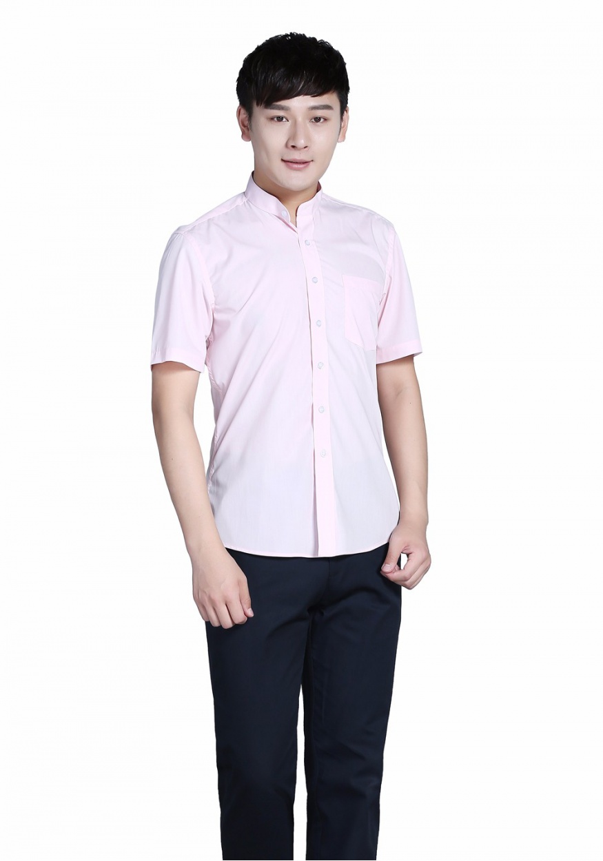 粉色衬衫男粉色立领商务短袖衬衫