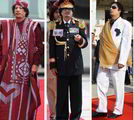 利比亚指导人卡扎菲会文娱群众，他的随身护卫都是“美女保镖”。和彪悍的发言一样，他的造型也很另类。长长的褐色服装是利比亚沙漠的贝都因人服装。