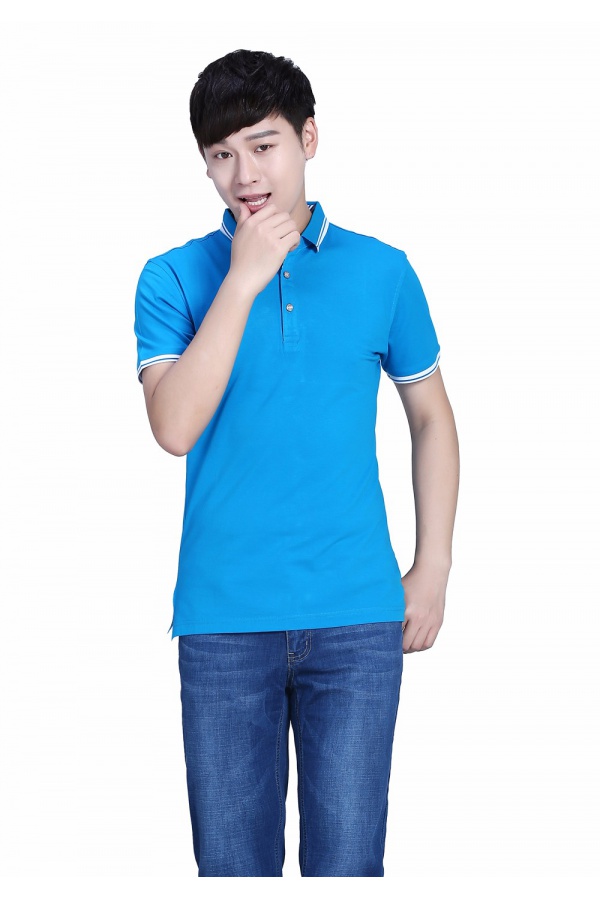 湖蓝色POLO衫莱赛尔平纹短袖T恤